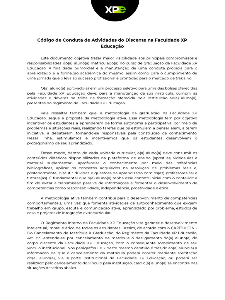 Código de Conduta do Aluno na XP Educação | PDF | Aprendizado ...