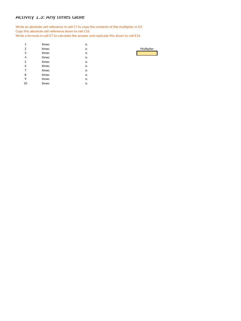 Excel Times Table Activity Guide | PDF