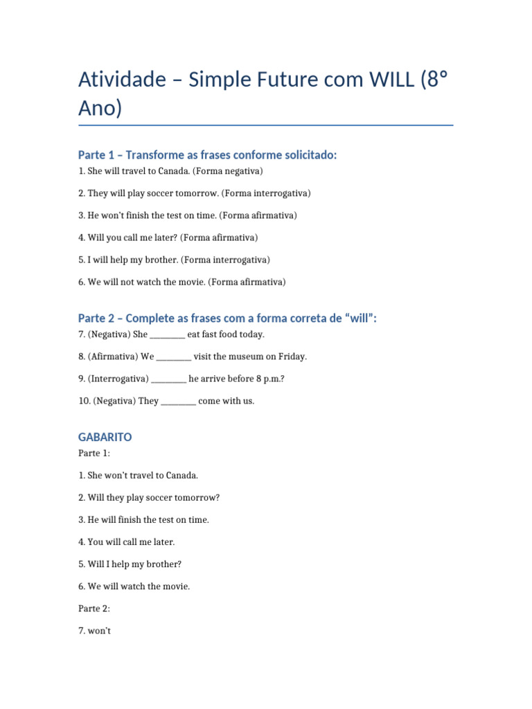 Atividade Simple Future WILL 8ano | PDF
