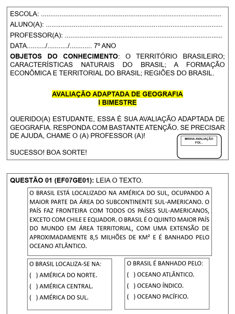 Avaliação Adaptada de Geografia 7º Ano | PDF | Brasil | América do Sul