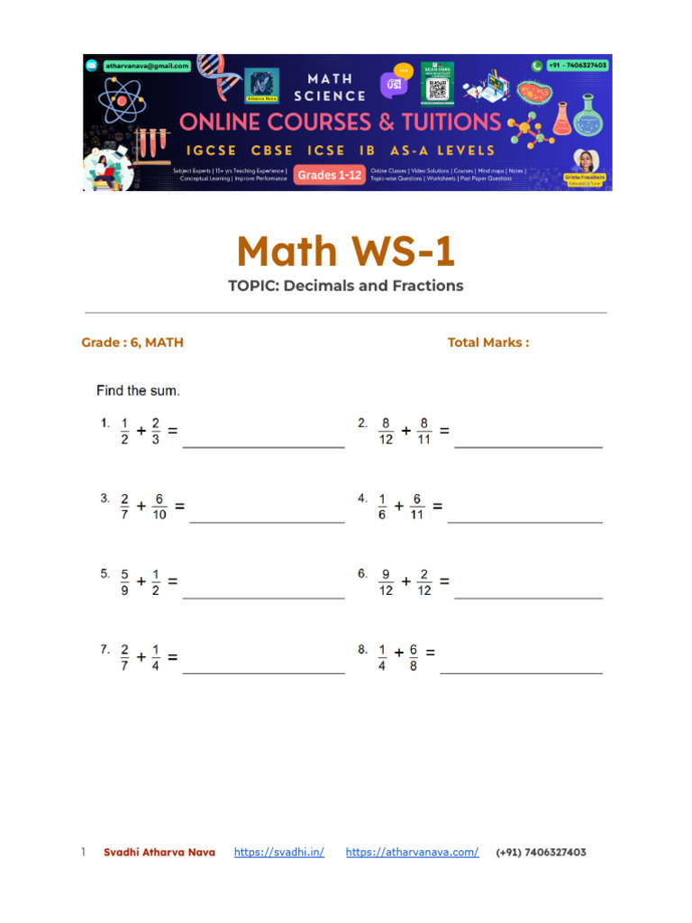 Grade 6, Math WS-2 - Decimals and Fractions | PDF
