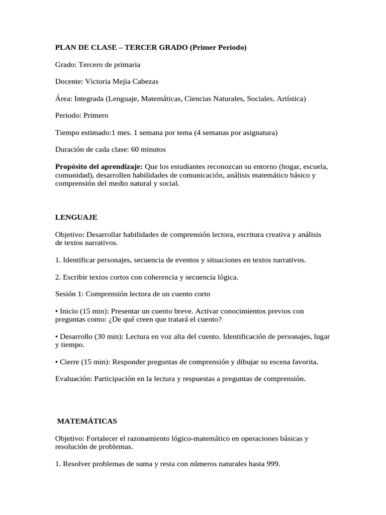 Plan de Clase Integrado 3er Grado | PDF | Comprensión lectora | Matemáticas