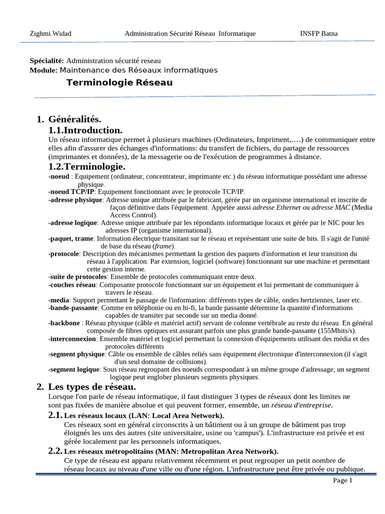 Administration Réseau à INSFP Batna | PDF | Protocoles Internet | Ethernet