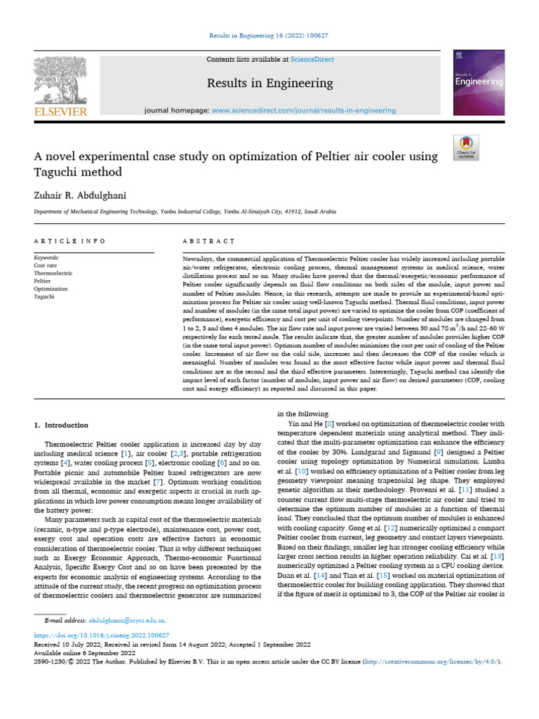 A Novel Experimental Case Study On Optimization of Peltie 2022 Results ...