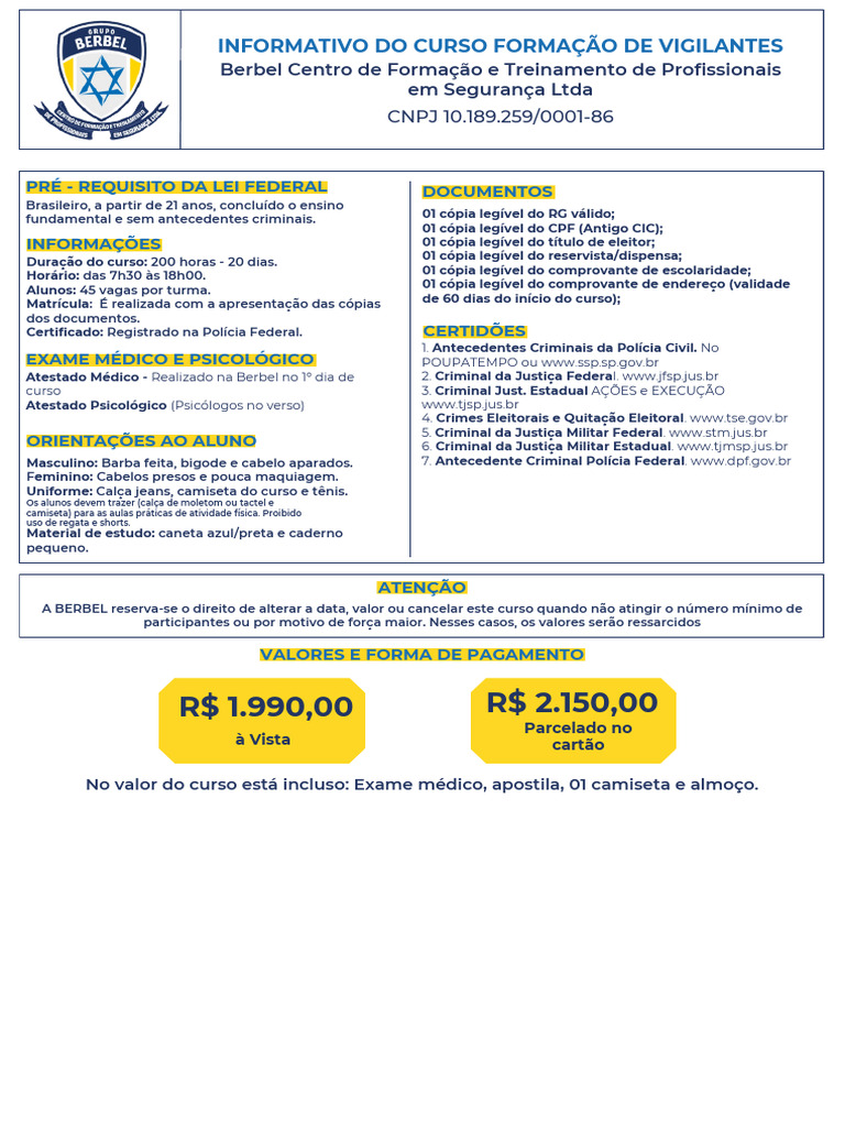 Valores e Pagamento do Curso de Vigilantes | PDF | Brasil | Polícia
