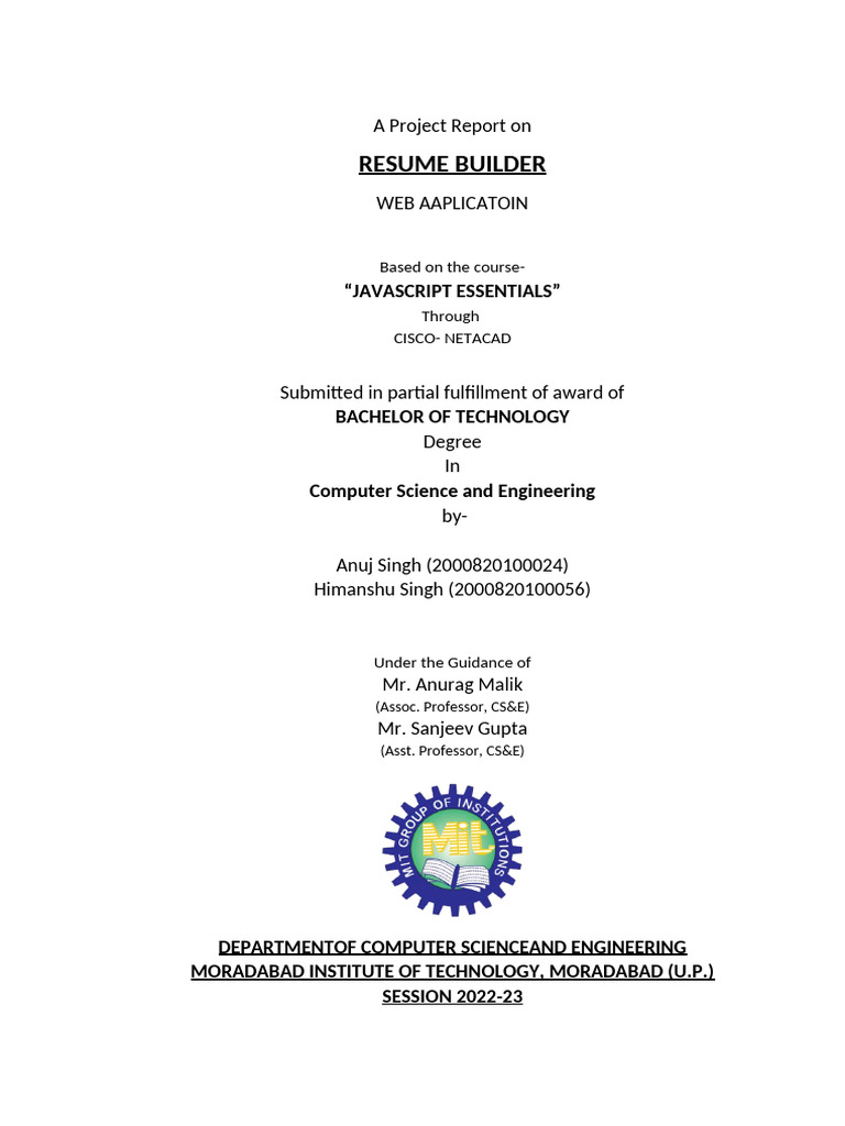 JavaScript Resume Builder Project Report | PDF | Java Script | World ...