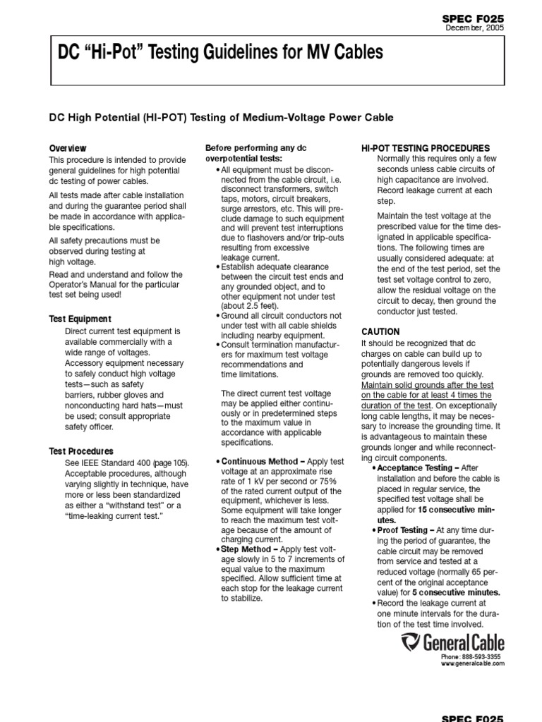 DC HiPot Testing Guidelines For MV Cables - General Cable | PDF ...