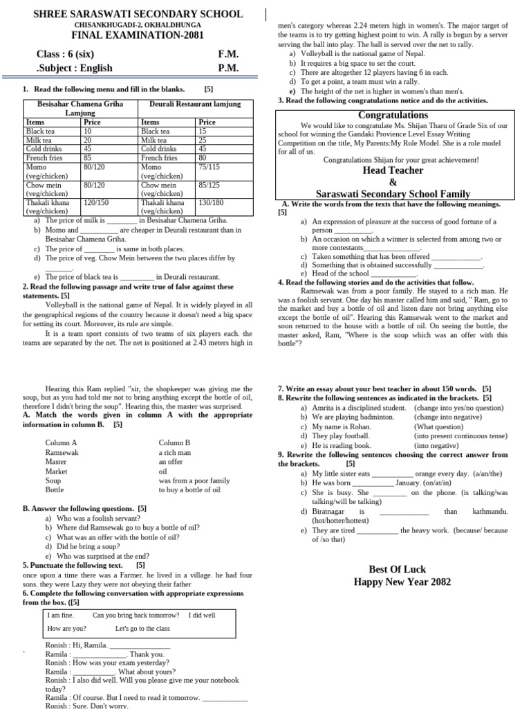 Final Exam for Class 6 English | PDF
