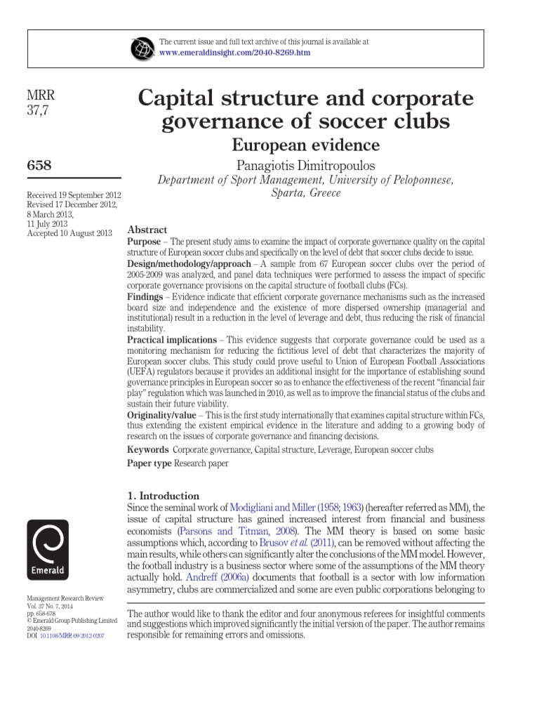 Corporate Governance in European Soccer Clubs | PDF | Capital Structure ...