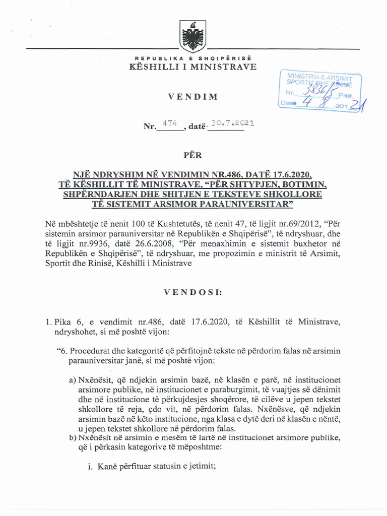 Vendim 474 - Datë 30.7.2021 I Këshillit Të Ministrave | PDF