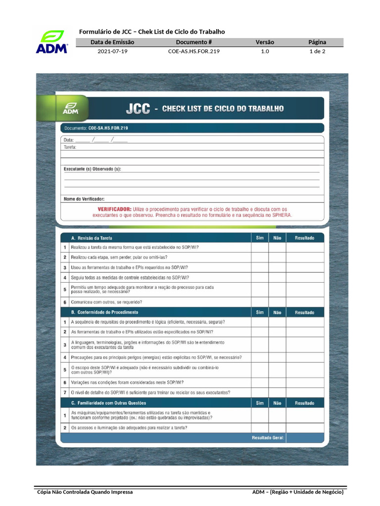 COE-SA - HS.FOR.219 - Formulário de JCC - Check List de Ciclo Do ...