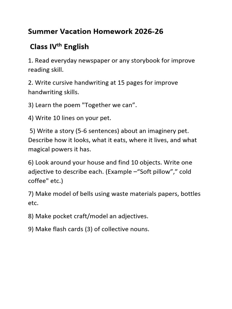 Class 4 Summer Vacation Homework | PDF