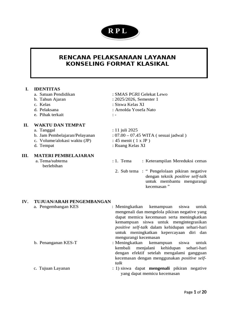 RPL Konseling Format Klasikal - Layanan Penguasaan Konten | PDF
