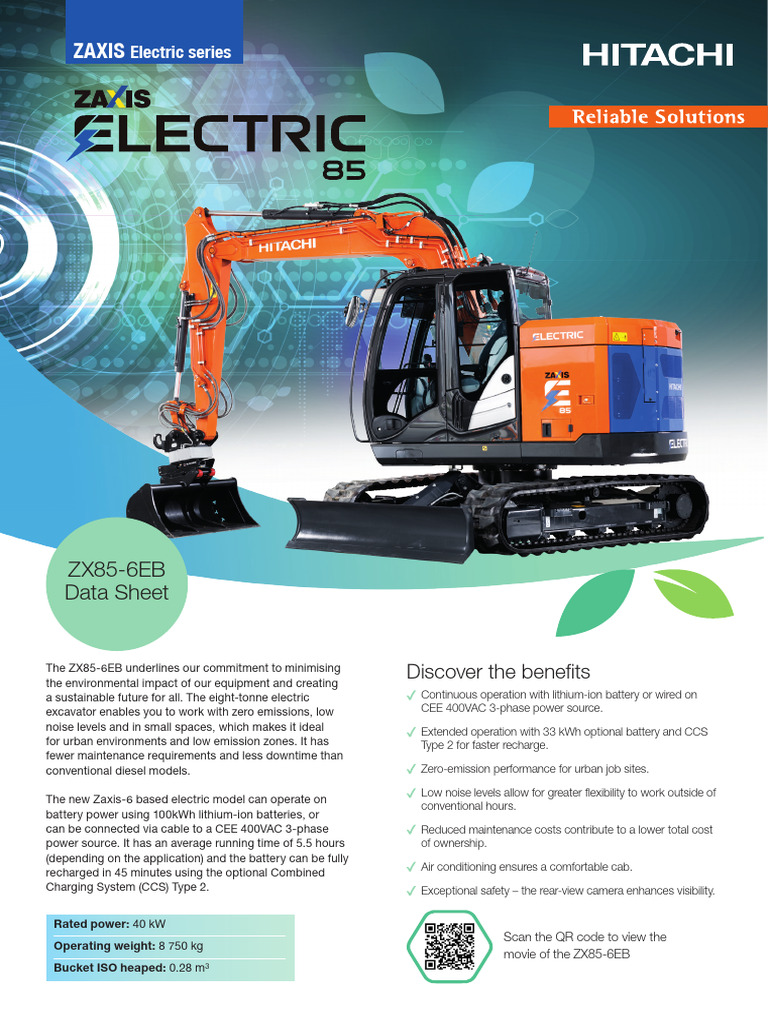 ZX85-6EB Electric Excavator Specs | PDF | Pump | Rechargeable Battery
