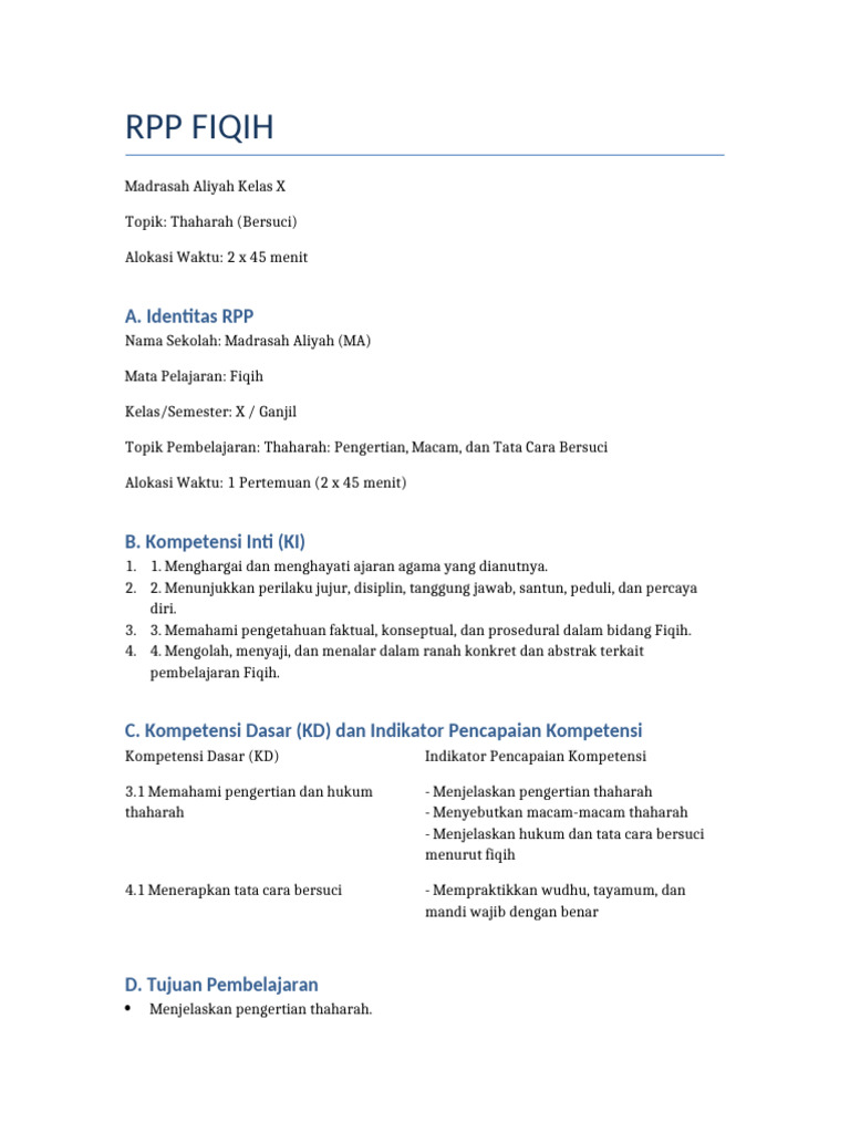 RPP Fiqih Kelas 10: Thaharah | PDF