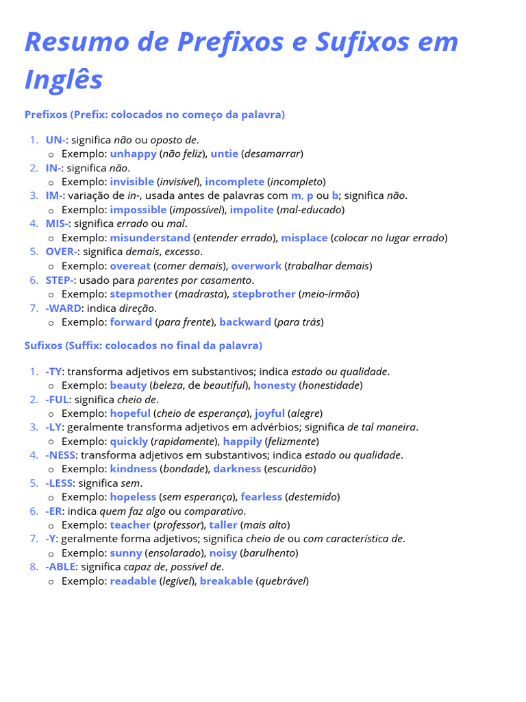 Prefixos e Sufixos em Inglês | PDF