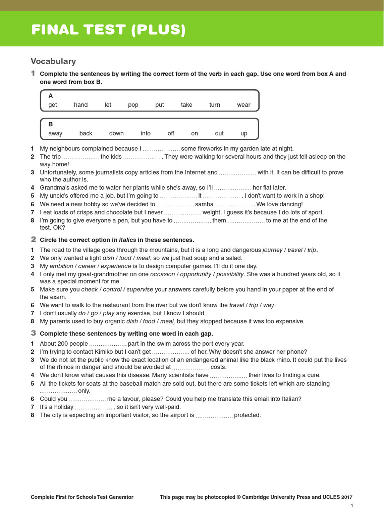 Complete First For Schools - Test Generator - Final Test - (PLUS) | PDF