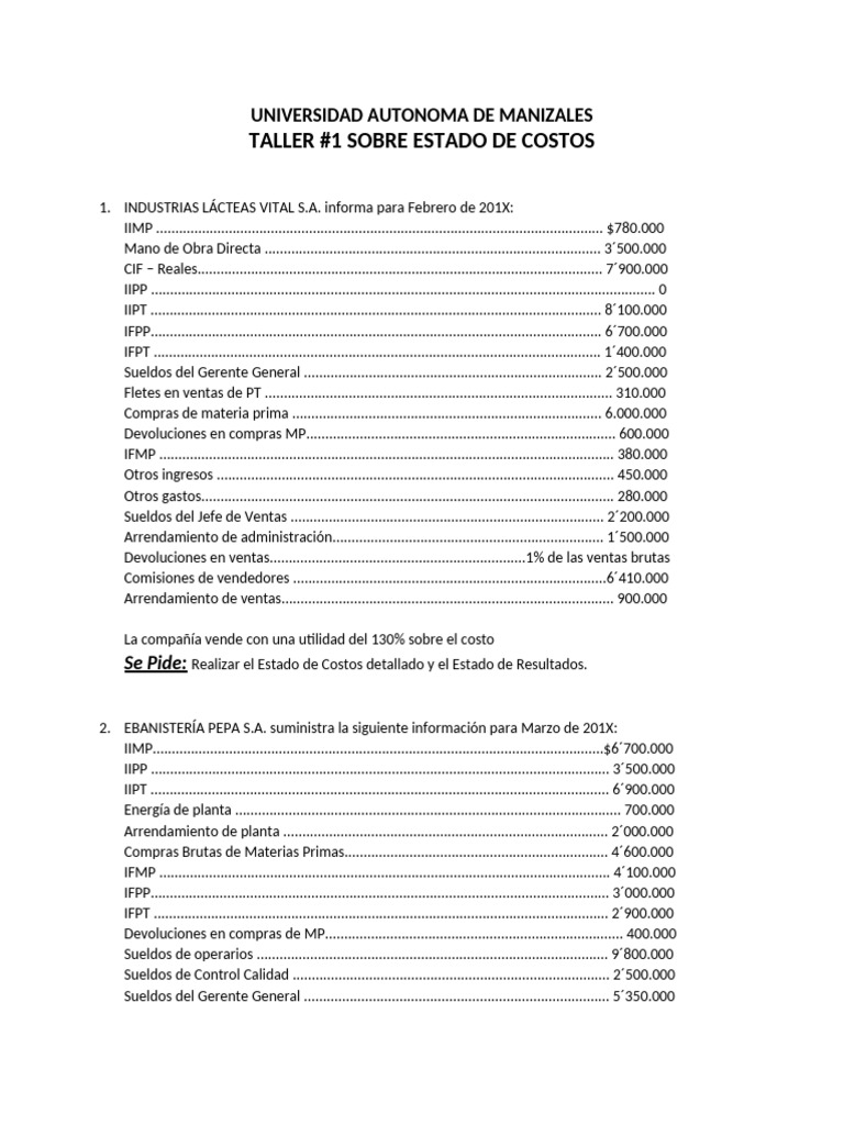 Estado de Costos y Resultados 202X | PDF | Negocios económicos ...
