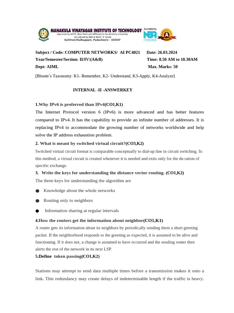 Computer Networks Answerkey-1 | PDF | Ip Address | Computer Network