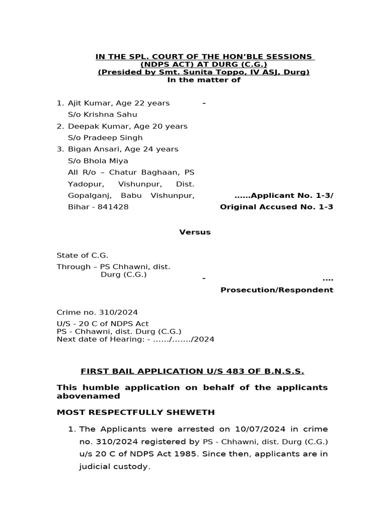 Bail Application for NDPS Act Case | PDF | Bail | Misconduct