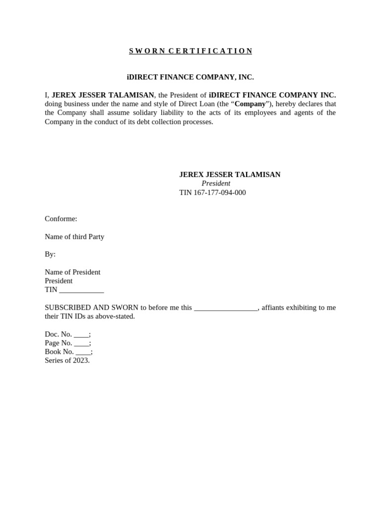 IDirect - Sworn Certification (Solidary Liability) | PDF
