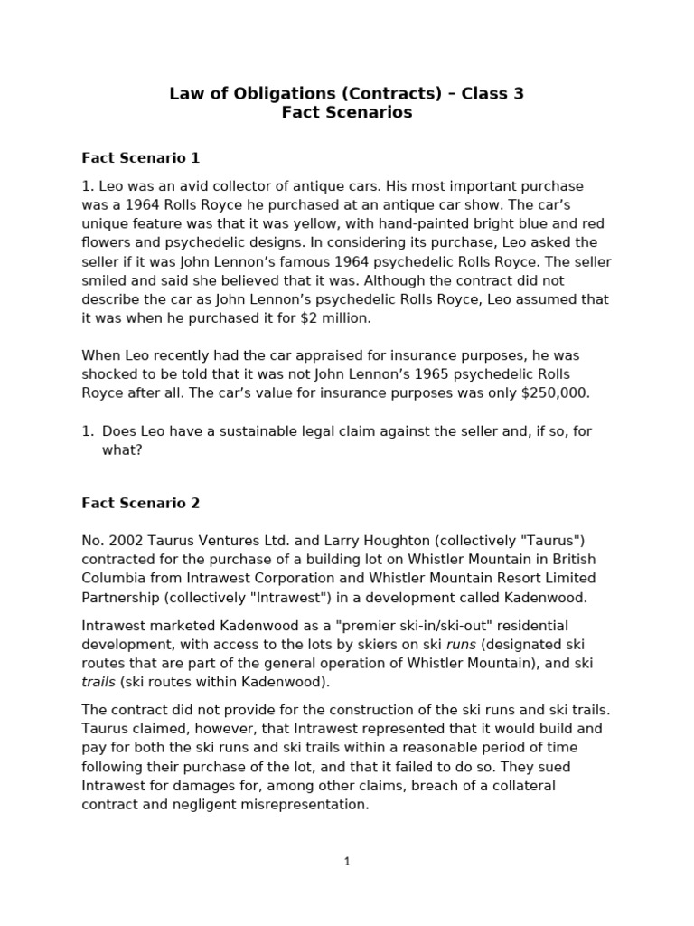 Law of Obligations Contracts Class 3 Fact Scenarios JV | PDF | Law Of ...