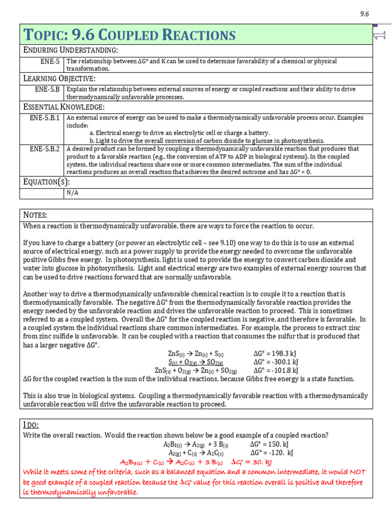 9.6 Coupled Reactions Student | PDF | Chemical Reactions | Adenosine ...
