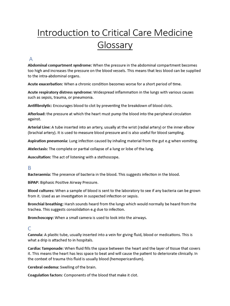 Introduction To Critical Care Glossary | PDF | Lung | Respiratory Tract