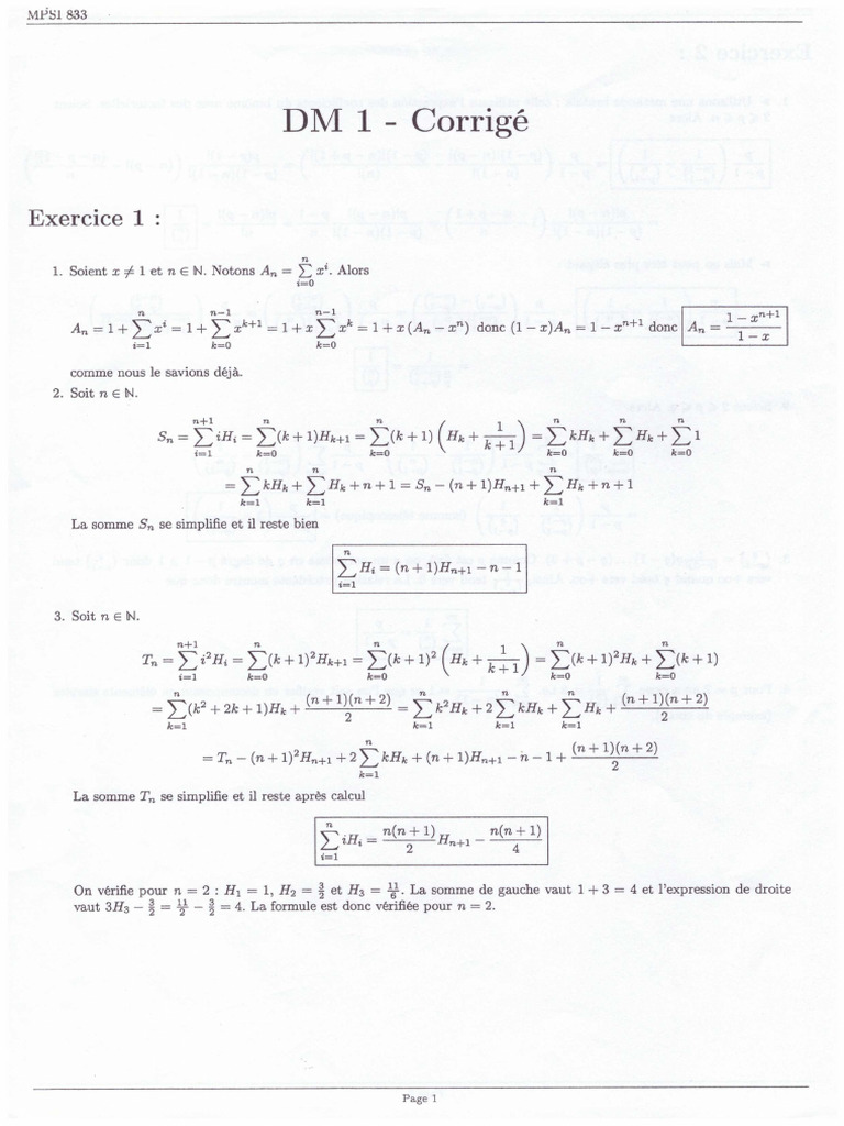 Maths Correction DM 1 PDF — free download