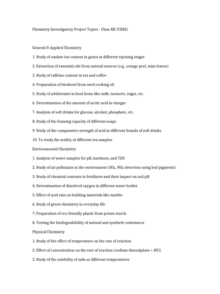 Class 12 Chemistry Project Topics | PDF | Acid | Chemistry