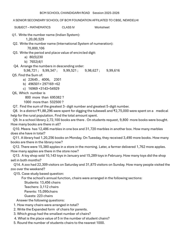 Mathematics Worksheet Class - 4 (1) C | PDF