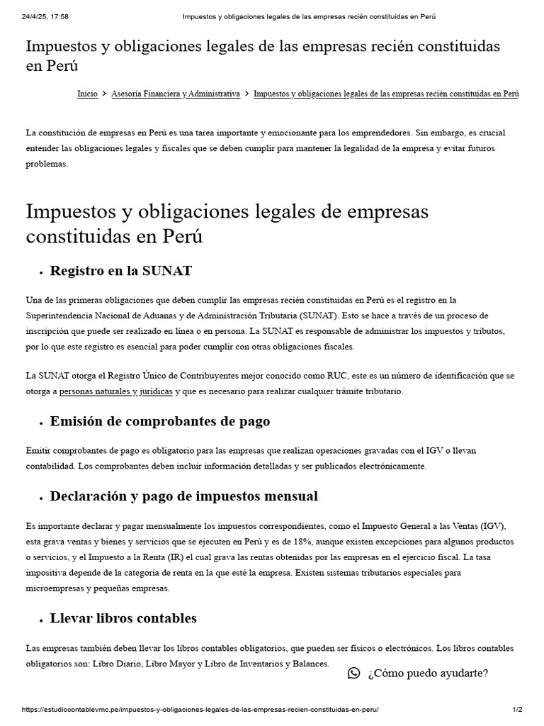 Obligaciones fiscales para nuevas empresas en Perú | PDF | Impuestos ...