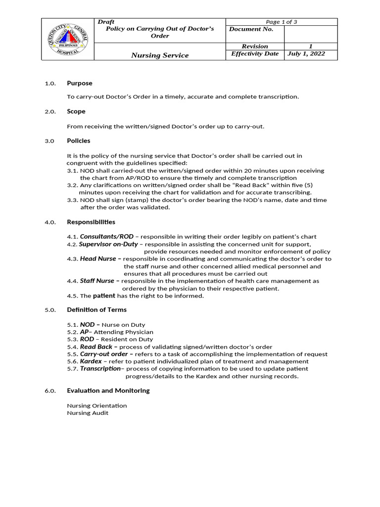 Doctor's Order Implementation Policy | PDF | Physician | Nursing