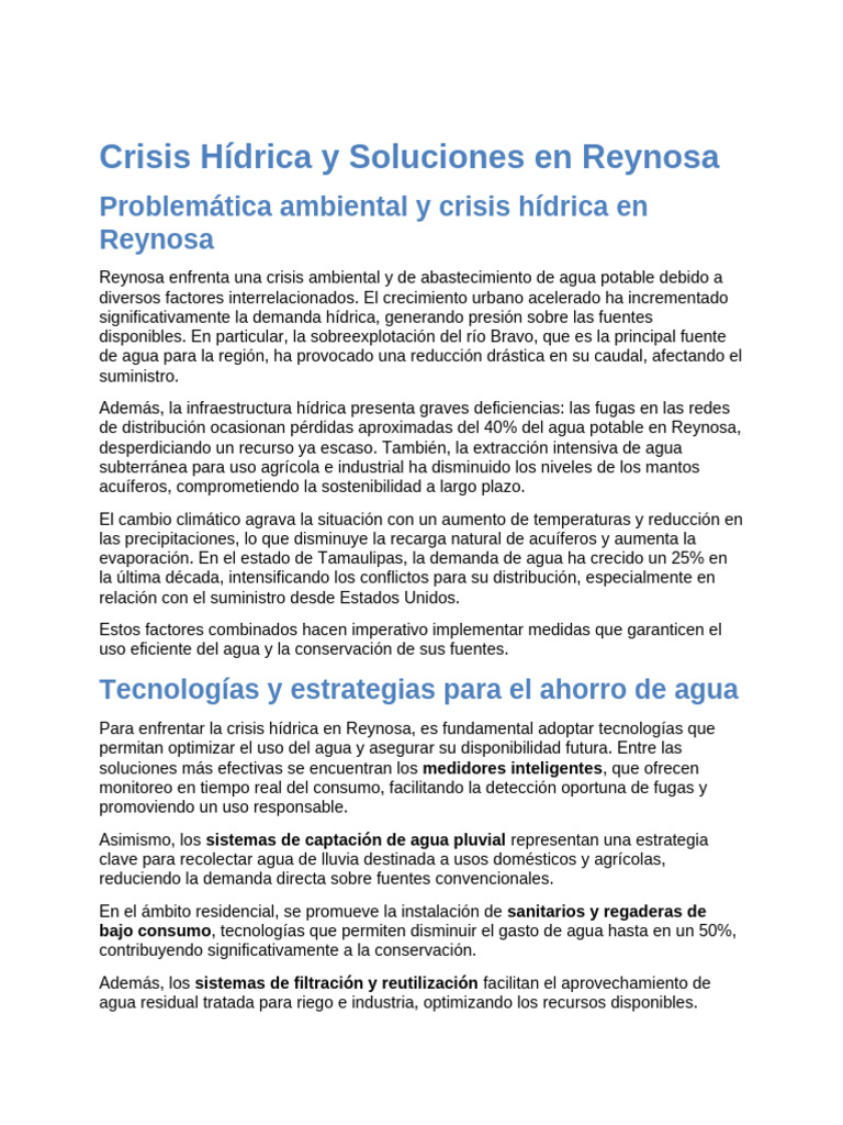 Crisis Hídrica y Soluciones en Reynosa | PDF | Agua | Escasez de agua