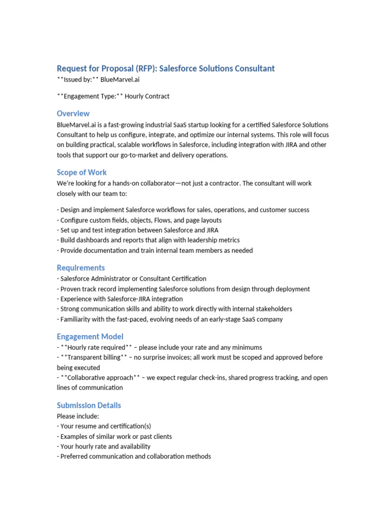 RFP for Salesforce Consultant at BlueMarvel.ai | PDF