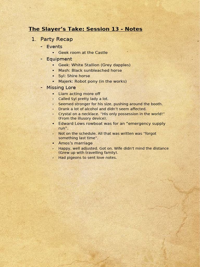 Slayer's Take Session 13: Adventure Notes | PDF
