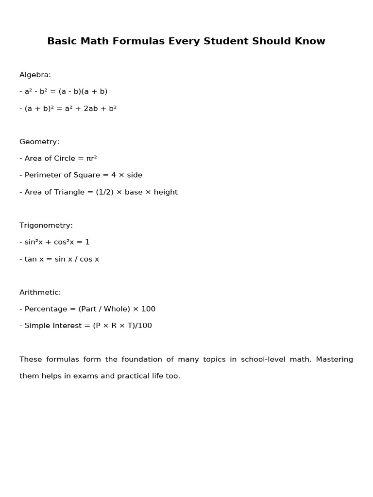Essential Math Formulas for Students | PDF