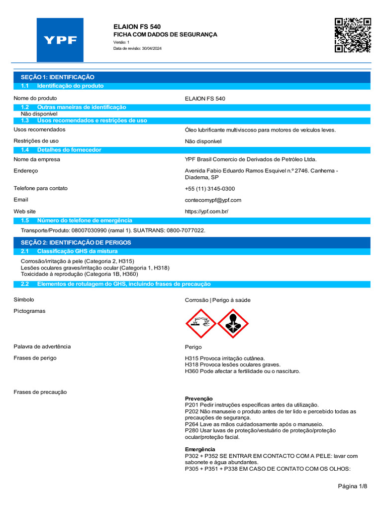 Ficha de Segurança do ELAION FS 540 | PDF | Desperdício | Química
