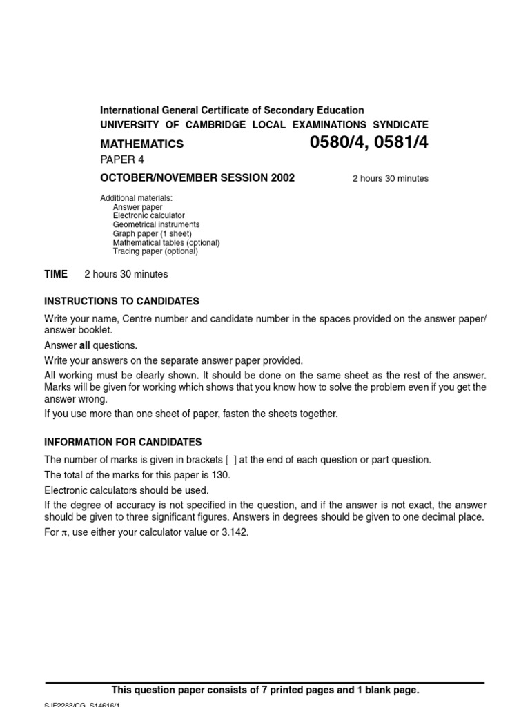 Maths Question Paper Winter: 0580 - w02 - QP - 4 | PDF | Area | Tangent