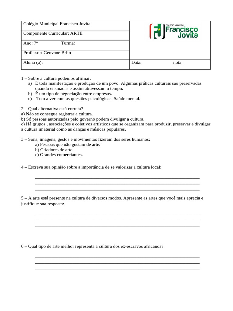 Prova de Artes 7º Ano com Gabarito | PDF