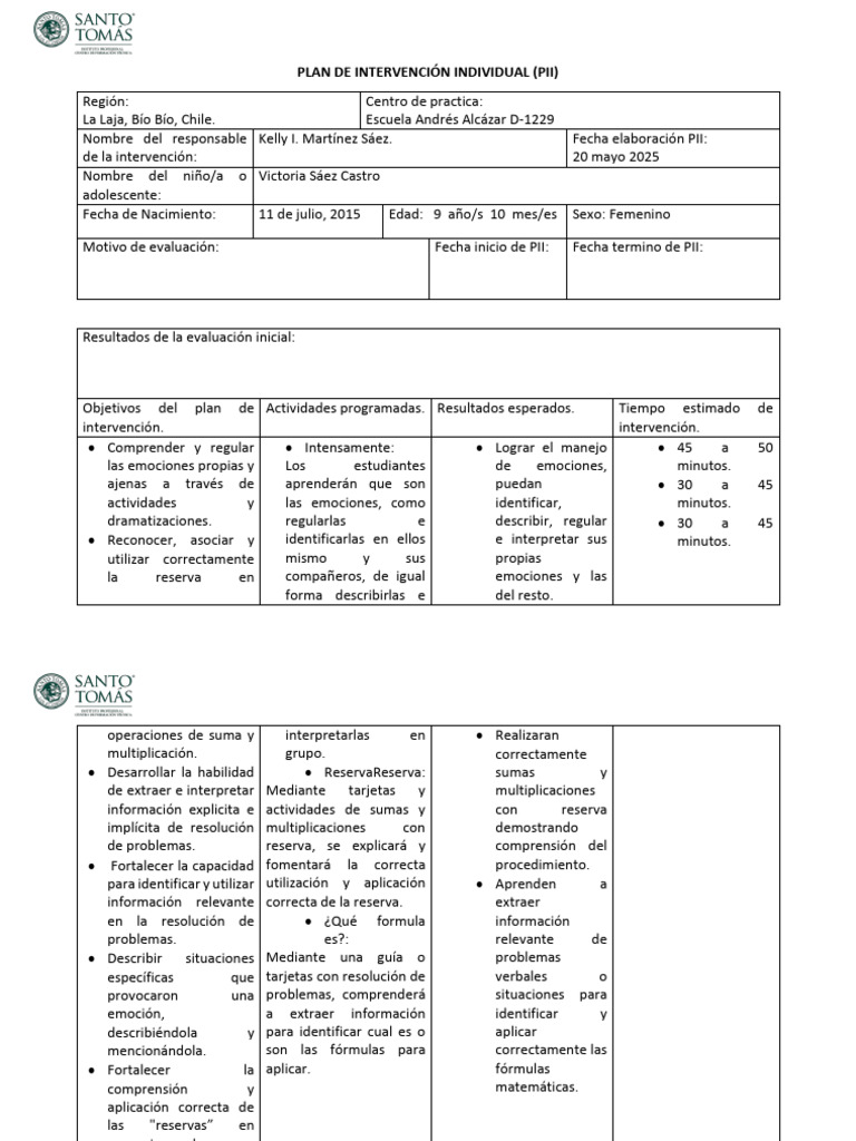 Plan de Intervención Individual para Victoria Sáez | PDF | Las ...