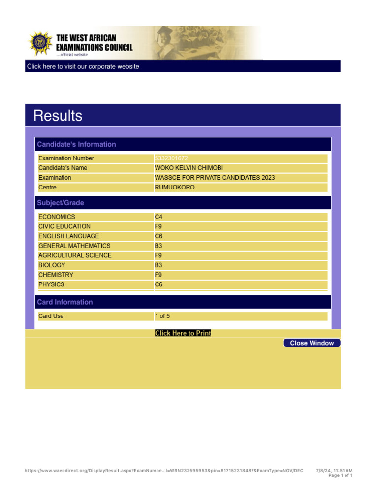 Waecdirect Online - Results | PDF