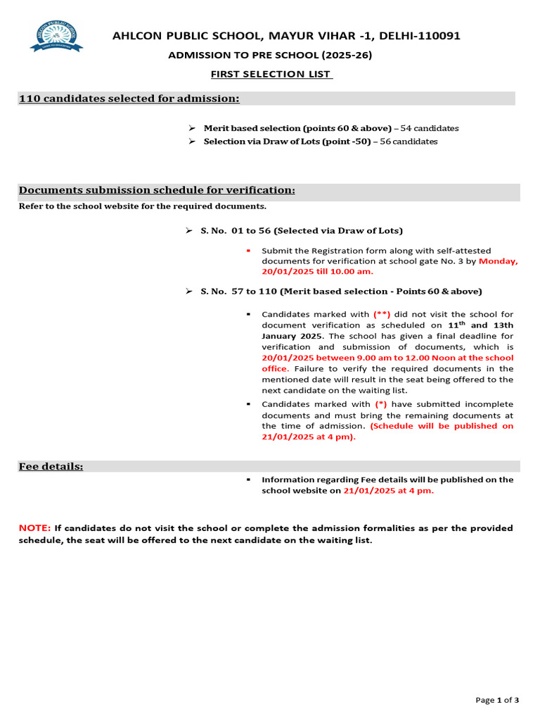 First Selection List For Admission Pre School 2025 26 | PDF