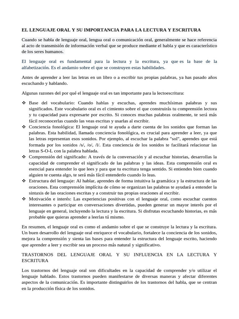 Importancia del Lenguaje Oral en Lectura | PDF | Palabra | Sílaba