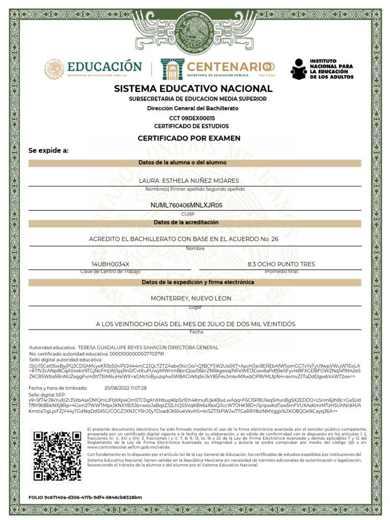 Certificado de Bachillerato 2022 | PDF