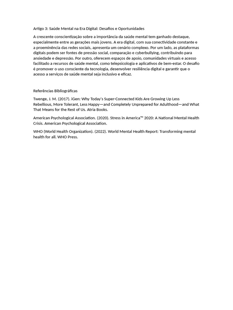 Saúde Mental na Era Digital: Desafios e Oportunidades | PDF