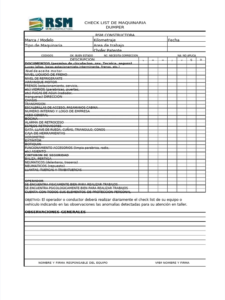 Check List Diario de Dumper RSM | PDF