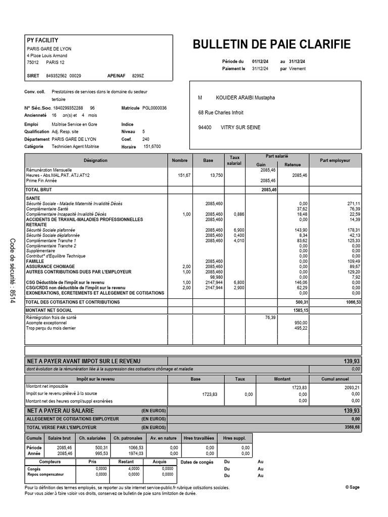 Bulletin de paie décembre 2024 | PDF | Impôt sur le revenu | Bulletin ...