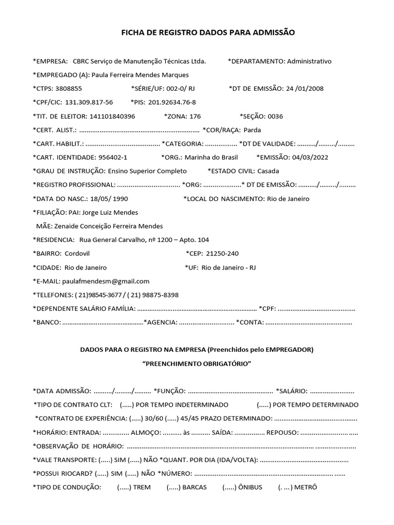 Ficha de Registro para Admissão de Empregado | PDF
