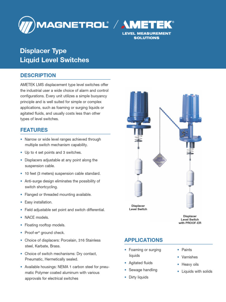 Displacement Level Switches Overview | PDF | Buoyancy | Switch